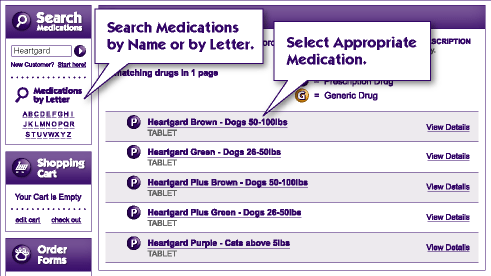 Search Pet Medicines by name and select what you're looking for.